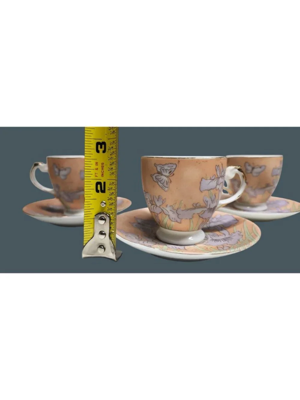 Demitasse Cups & Saucers Espresso Pink Purple Irises Butterflies 4 Sets